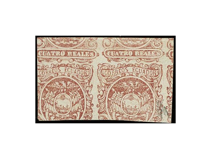 4 r. dull-rose as horizontal pair with exceptional margins, printed on both sides, unused without gum, a very scarce and attr