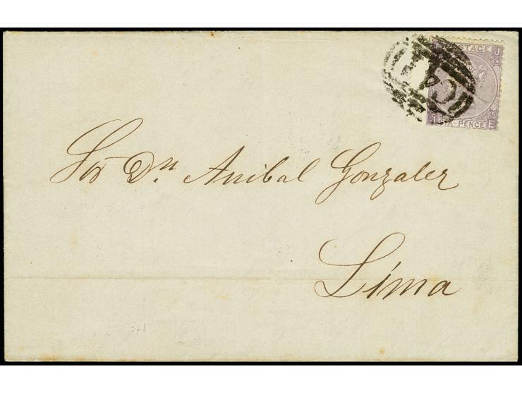Stamps of Great Britain used in Ecuador: 1865, 6d. lilac tied by barred oval "C41" to folded lettersheet to Lima, fine