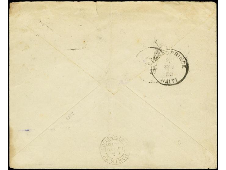 1920, surcharge 5 CTS PIASTRE on 1914 GL O.Z. 10 c., tied to cover from St. Marc via Port au Prince to France, central fold n
