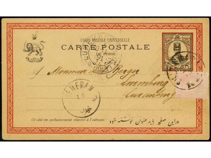 1889, 1 ch. rose tied by Teheran cds. to postcard 2½ ch. with long text to Luxemburg with arrival mark on front