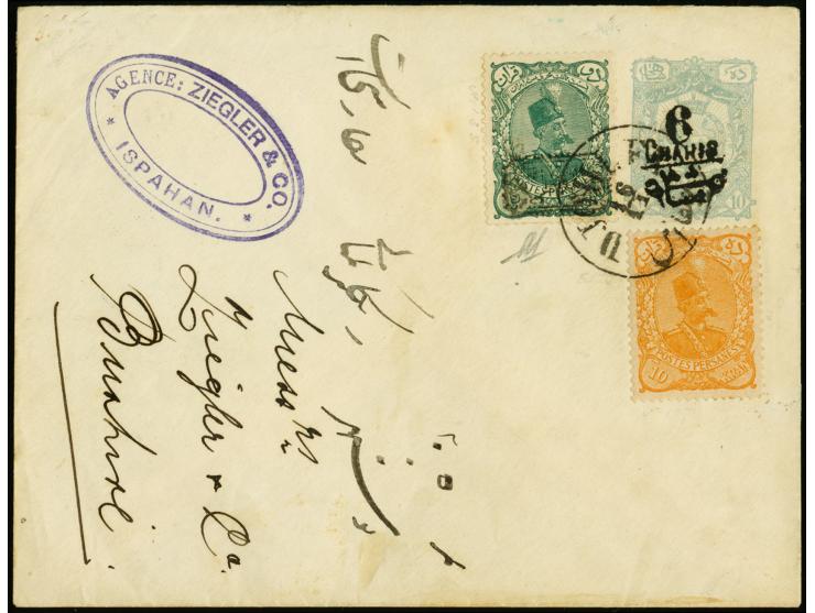 1897, Mozaffar-eddin Shah 10 kr. orange with 1902, "Provisoir" 2 kr. green, tied by cds. "DJOULFA 16/11" to postal stationery