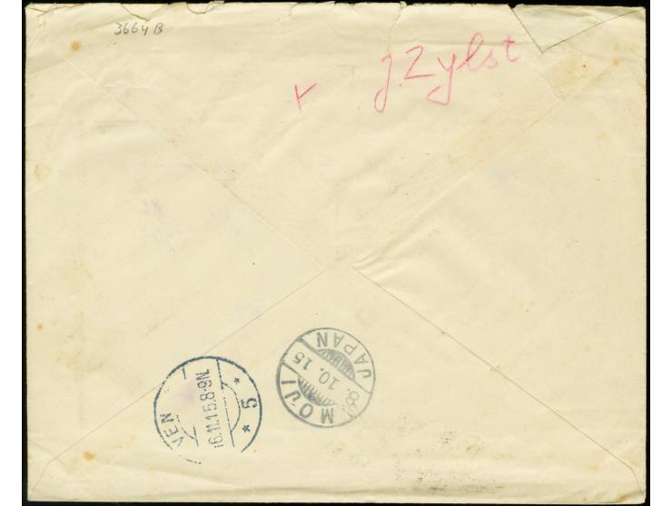 1900, Kiku 20 s. tied by "TSINGTAU (4.)10.5 F.P.O." (Oct. 5, 1915) to registered cover via Moji and Yokohama to the Netherlan
