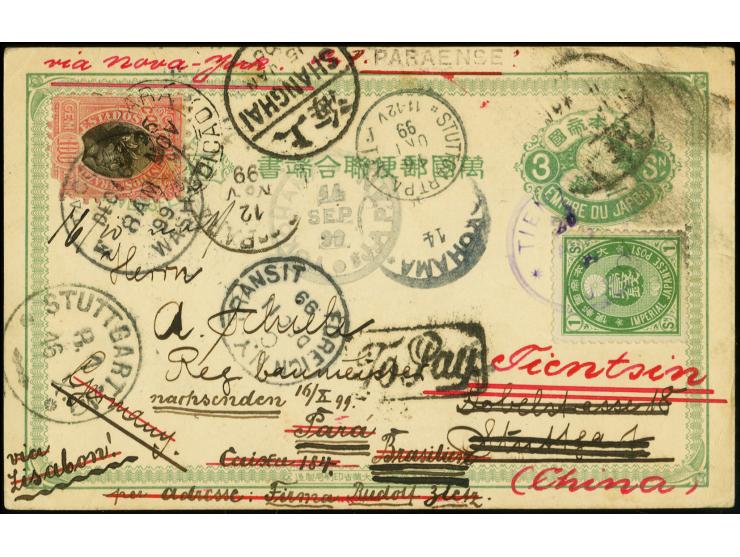 1899, Japan postal stationery card with additional franking 1 c. green, tied by violet cds. "TIENTSIN I.J.P.O. 28.8.99" via Y