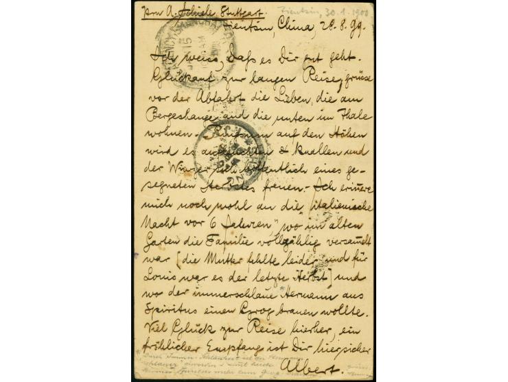 1899, Japan postal stationery card with additional franking 1 c. green, tied by violet cds. "TIENTSIN I.J.P.O. 28.8.99" via Y