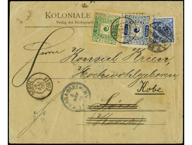 1896, Tae Geuk 2nd printing 5 p., 10 p. (frameline bottom left) tied by "SEOUL 18 MAI 00" on inbound cover from Germany, 20 p