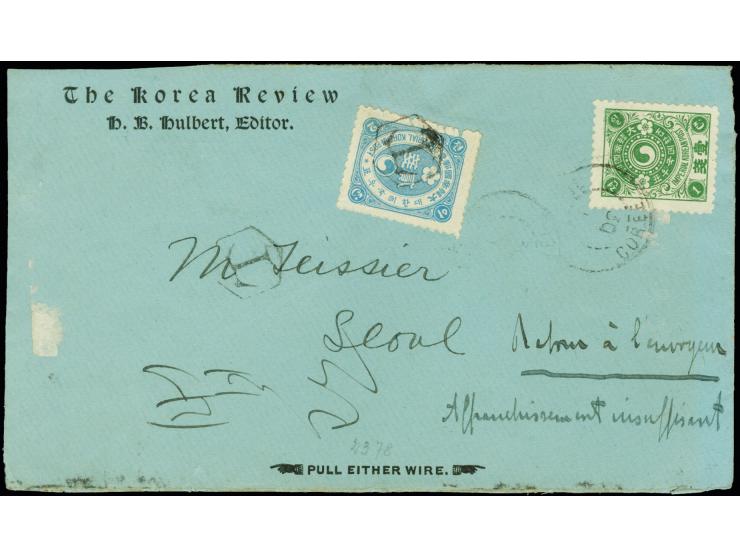 1900/01, plum blossoms 1 ch. tied by "SEOUL 30 .. 01" to front cover used locally, plum blossoms revised design 2 ch. affixed