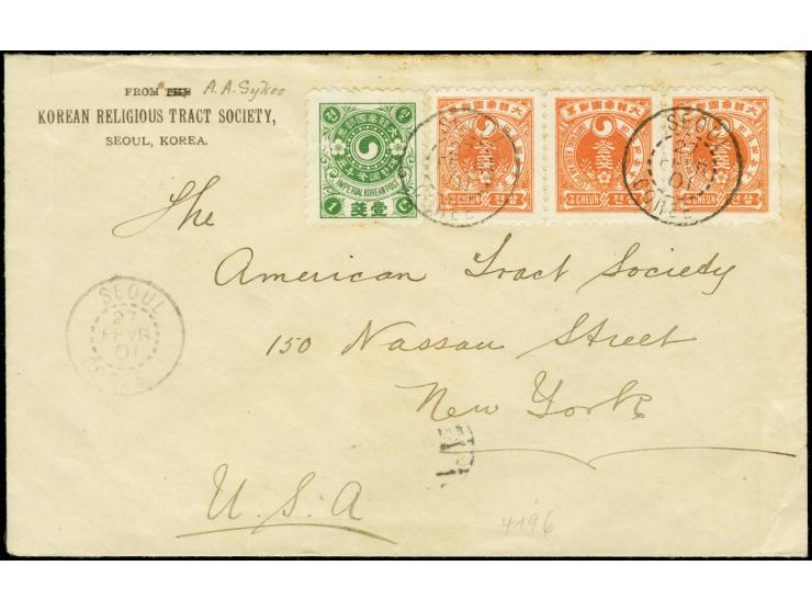 1900, plum blossoms 3 ch. in horizontal strip of 3 with 1 ch. tied by "SEOUL 27 FEVR 01" to New York with Apr 3 backstamp, 'K