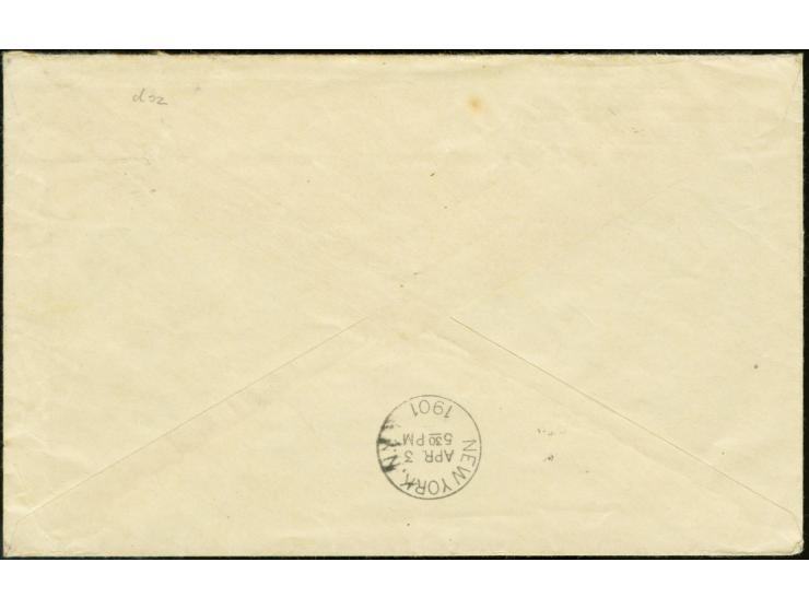 1900, plum blossoms 3 ch. in horizontal strip of 3 with 1 ch. tied by "SEOUL 27 FEVR 01" to New York with Apr 3 backstamp, 'K