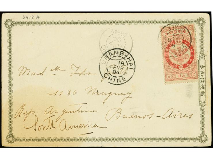 4 ch. tied by "CHEMULPO 8 AVR 04" to postcard 'Han river fishing' via "SHANG-HAI 18 FEVR 04" and on reverse "SAN FRANCISCO MA