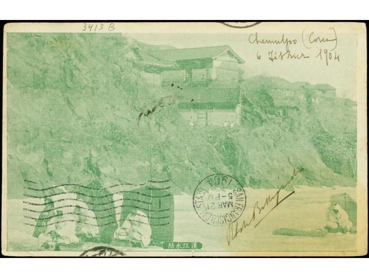 4 ch. tied by "CHEMULPO 8 AVR 04" to postcard 'Han river fishing' via "SHANG-HAI 18 FEVR 04" and on reverse "SAN FRANCISCO MA