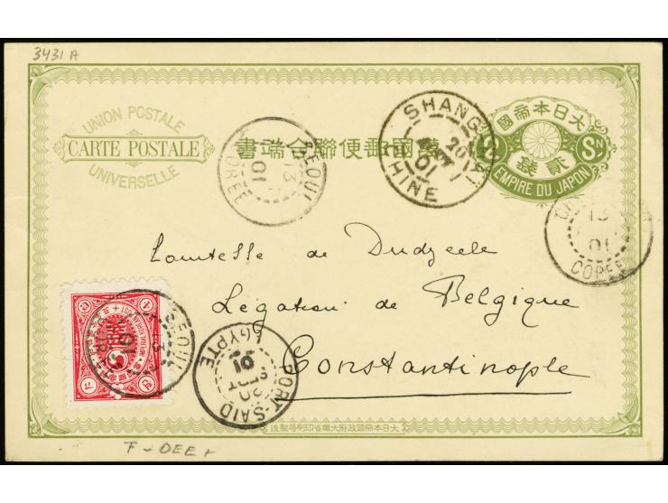 1901, plum blossoms 4 ch. tied by "SEOUL 13 (AUG) 01" to Japanese stationery (form use) via Chemulpo, Shang-Hai and "PORT SAI