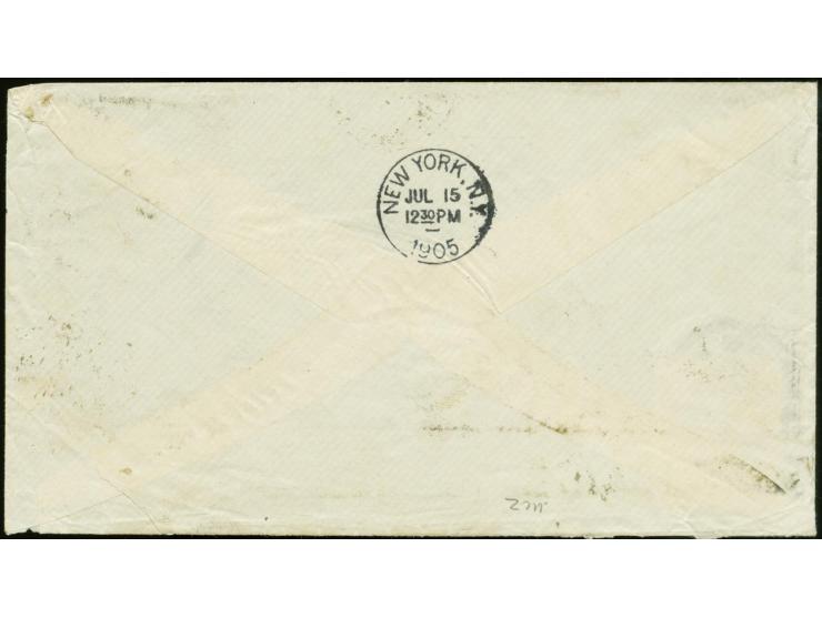 1901, plum blossoms 10 ch. violet tied Japanese type "Korea Nandaimon 38.6.13" (June 13, 1905) to cover via "MOJI 17 JUN 05" 