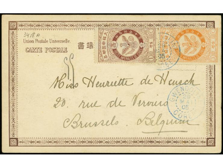 1903, falcon 1 c., 3 c. tied by blue "GWENDOLINE 29 MAI 05" to postcard to Brussels/Belgium, late usage