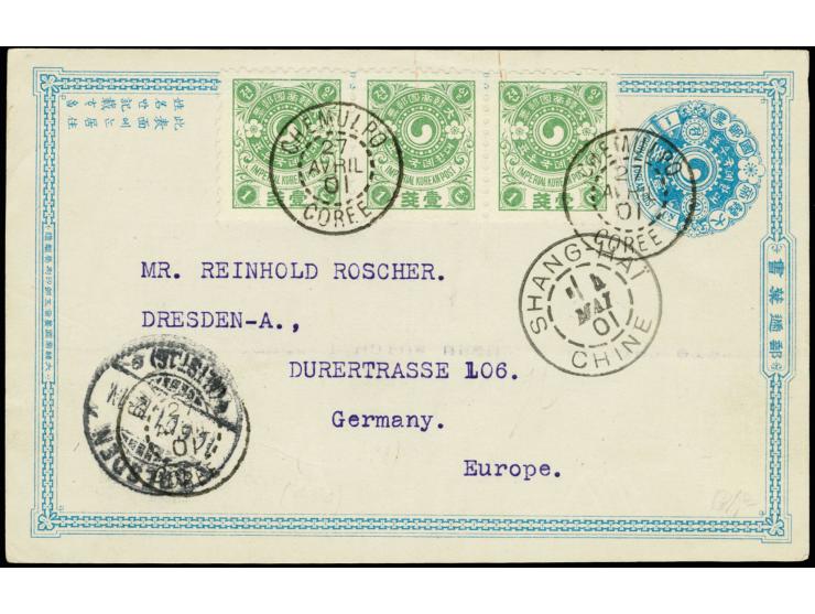1900/01, stationery card 1 ch. light-blue uprated plum blossoms 1 c. green (strip of 3) tied by "CHEMULPO 27 AVRIL 01" via Fr