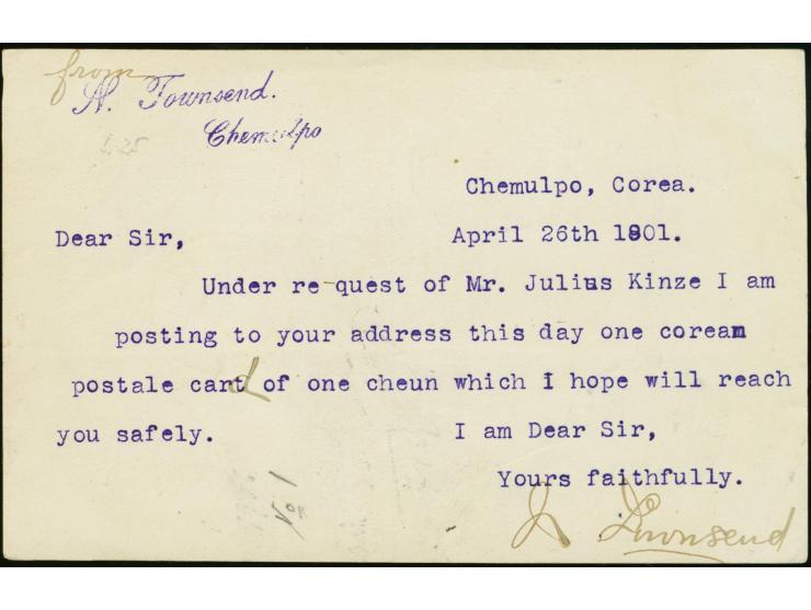 1900/01, stationery card 1 ch. light-blue uprated plum blossoms 1 c. green (strip of 3) tied by "CHEMULPO 27 AVRIL 01" via Fr