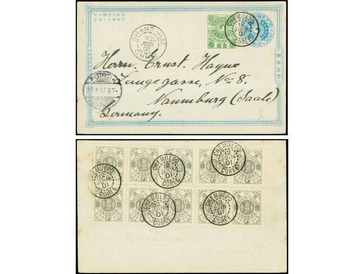 Stationery card 1 c. blue uprated plum blossoms 1 ch. and on reverse 2 ri. in block of ten (2x5) tied by "CHEMULPO 12 JUIN 01