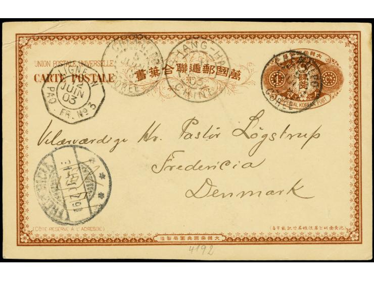 1901, UPU stationery card 4 ch. brown cancelled by "CHEMULPO 5 JUL 03" via French p.o. "SHANG-HAI" resp. French mail steamer 