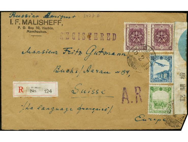 1936/37, airmail 39 f., communications 2½ f. (pair), carriage 2 f. tied by "HARBIN 15.2.44" to AR-registered cover to Switzer