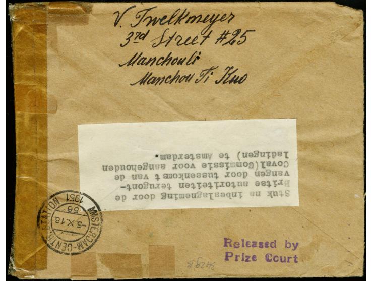 1937, Hsinking 10 f. with additional franking, tied by "MANCHOULI 4.10.41" to registered cover to Einhoven/Holland, confiscat