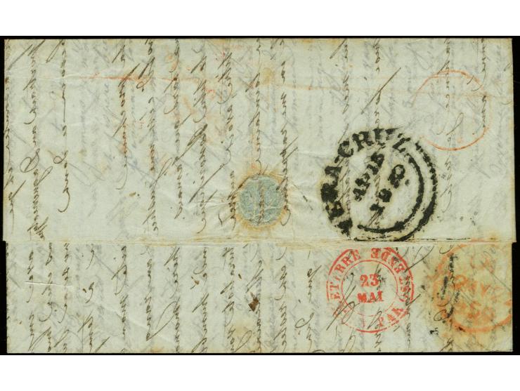 1850, Entire letter with red double circle "FRANQUEADO MEXICO" via Vera Cruz, England and Belgium to Luxemburg, showing on fr