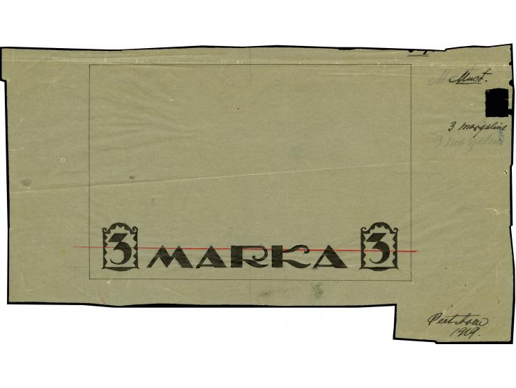 Viking ship 3m., drawing in black ink of the value inscription of the unissued 3 mka. Viking ship, on transparent paper, pinh