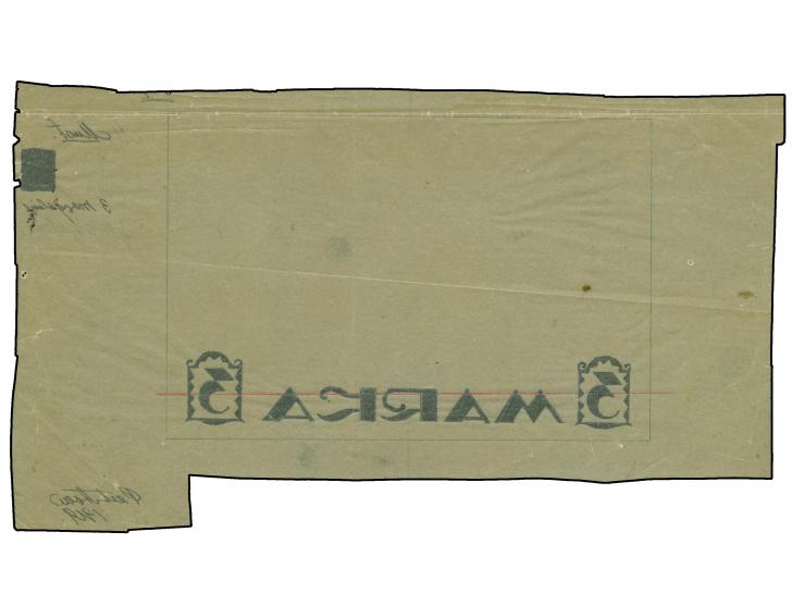 Viking ship 3m., drawing in black ink of the value inscription of the unissued 3 mka. Viking ship, on transparent paper, pinh