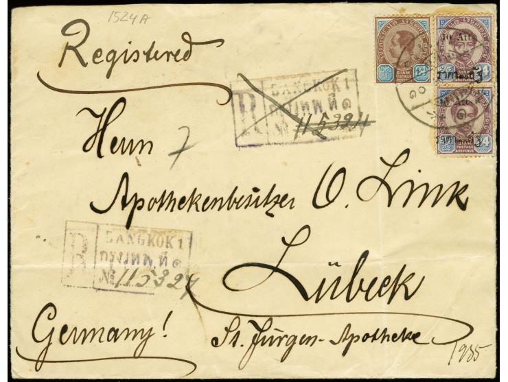 1894/99, 10 atts / 24 a. (vertical pair) and 24 a. tied by native "Bangkok 1" to registered cover to Germany with backstamp "