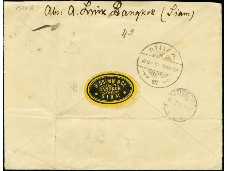 1894/99, 10 atts / 24 a. (vertical pair) and 24 a. tied by native "Bangkok 1" to registered cover to Germany with backstamp "