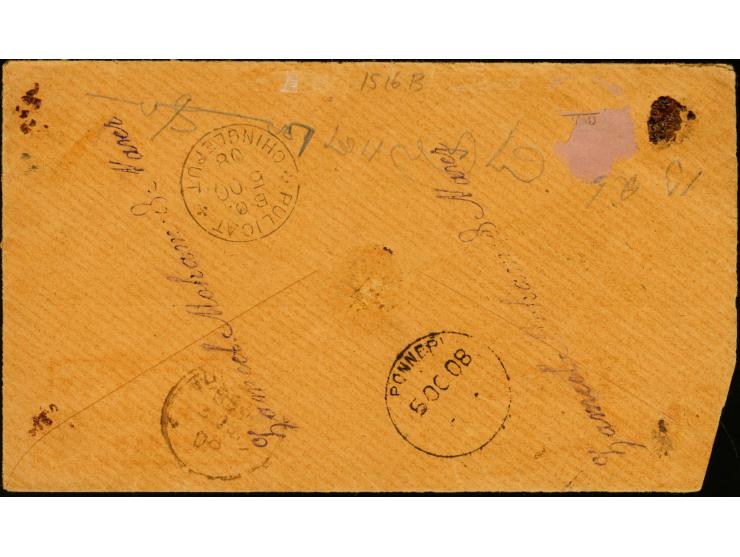 1905, 18 s. brown tied by blue "Bangkok2 17.9.08" to registered cover to India, backstamps Tuticoring, Ponnepi, Pulicat. Scar