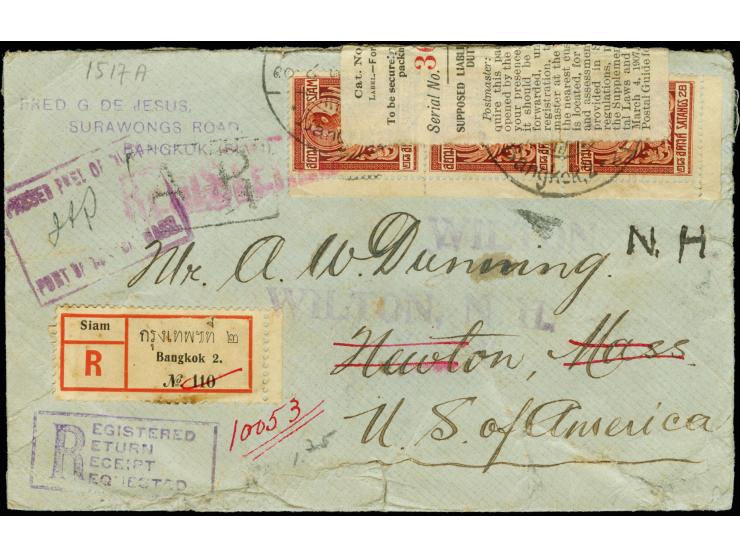 1910, 28 s. brown, a vertical corner margin strip of 3 tied by "Bangkok2 10.7.12" to AR-registered cover with boxed "A R" and