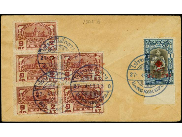 1939, Red Cross 75 years surtax 5 s. (+ 5 s.)/1 b., a bottom margin copy with national day 2 s. (block of 5) tied by "BANGKOK