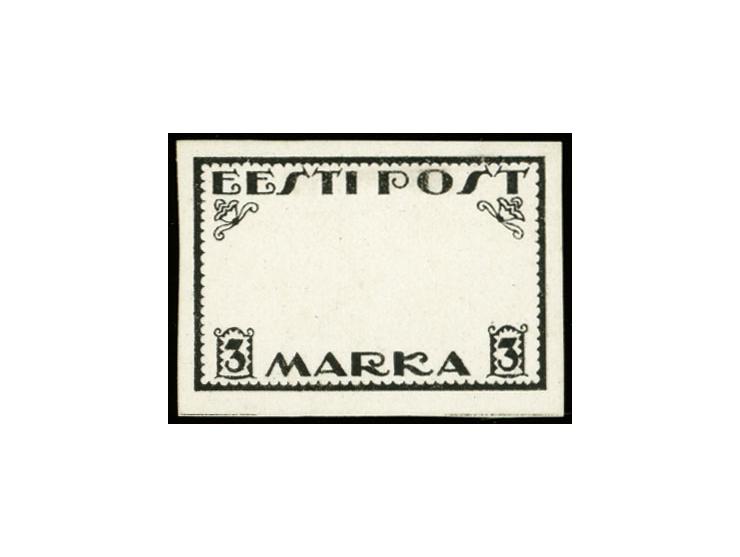 Viking ship 3m., essay for the unissued 3 marka value, black on glossy carton paper, with frame, "EESTI POST" and "3 MARKA" i