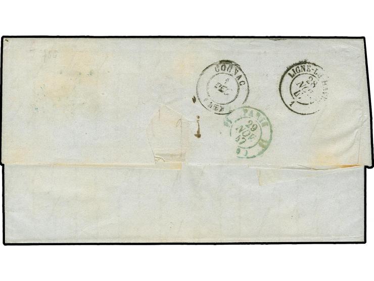 1847, folded letter from New York (dated 9.11.) to Cognac with rare "LE HAVRE 1 PAQ.REG. 28.NOV.47" in blue and handwritten e