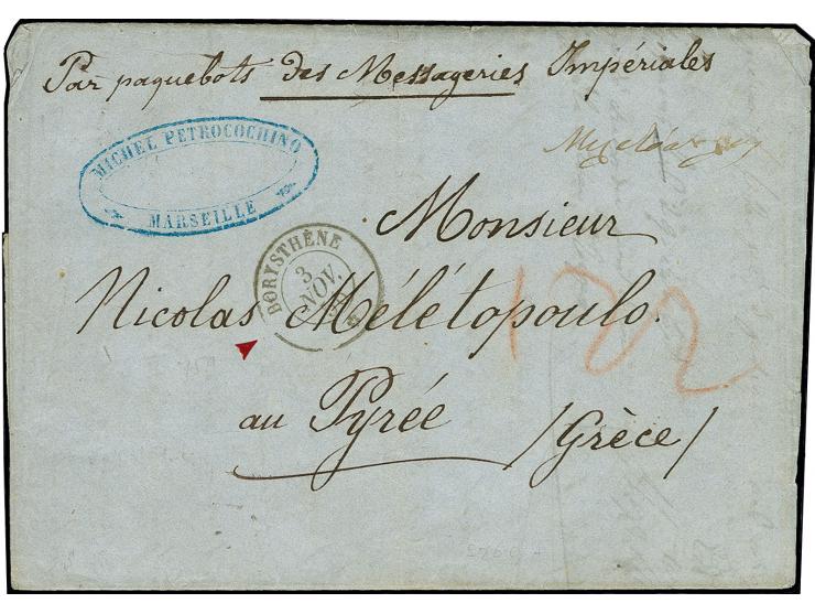 1856, "BORYSTHENE 3.NOV.", clear strike on folded letter from Marseille to Piräus with arrival mark, fine