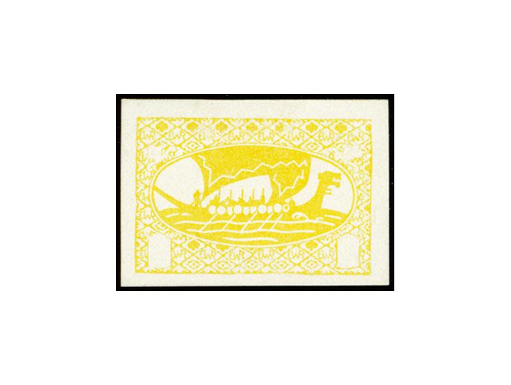 Viking ship, proof on lemon yellow, glossy carton paper, with frame, viking ship and ornament around the medallion, without v
