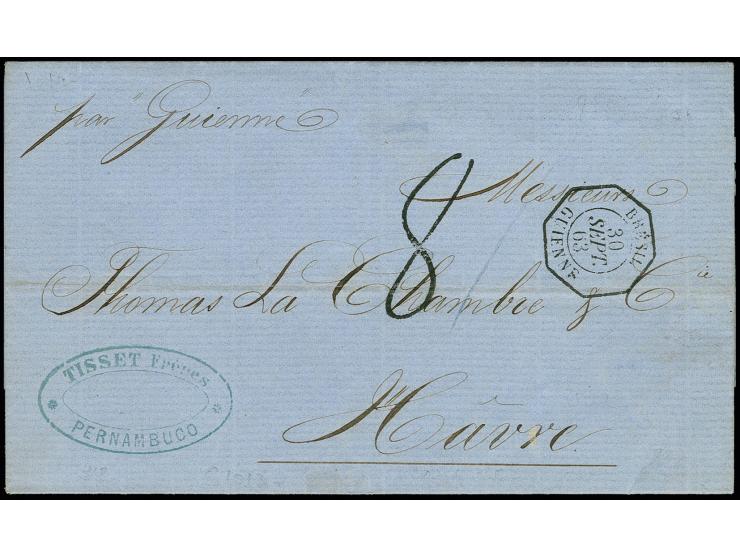 1863, "BRESIL GUIENNE 30.SEPT.", octagon cancel clear on folded letter from Pernambuco (dated 29.9.) with tax cancel "8" to L