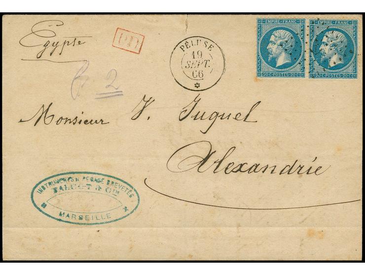 1866, horizontal pair Napoléon 20 c. blue tied by anchor cancel to folded letter from Marseilles with adjacent "PÉLUSE 19.SEP