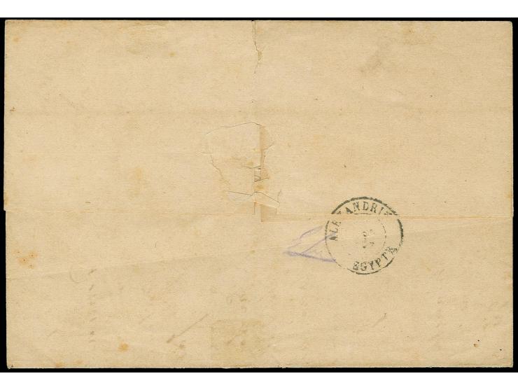 1866, horizontal pair Napoléon 20 c. blue tied by anchor cancel to folded letter from Marseilles with adjacent "PÉLUSE 19.SEP