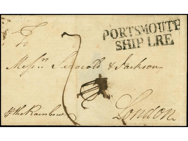1773, folded cover from Jamaica with handwritten endorsement "p. the Rainbow" and two line "PORTSMOUTH SHIP LRE" to London wi