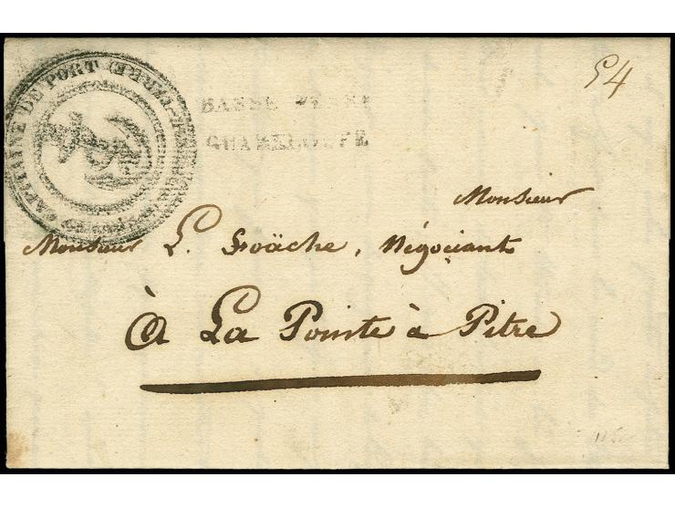 1833, folded cover with unclear double line "BASSE-TERRE GUADELOUPE " and special anchor-cachet "CAPTAINE DE PORT..." to La P