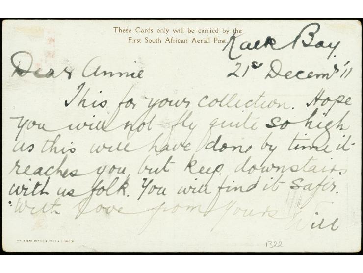 SOUTH-AFRICA: 1911, Experimental flight Kenilworth-Muizenberg December 27th., special postcard from return flight with specia