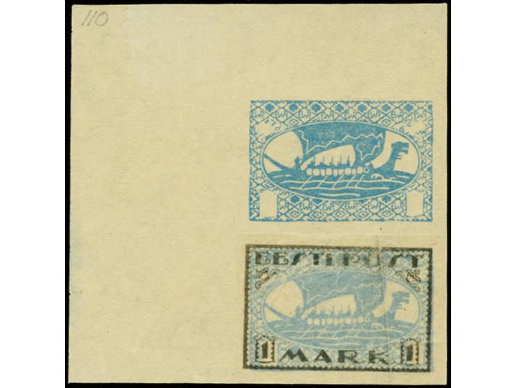 Viking ship 1m. blue without frame as vertical pair from the upper left sheet corner, in addition single black proof of the f