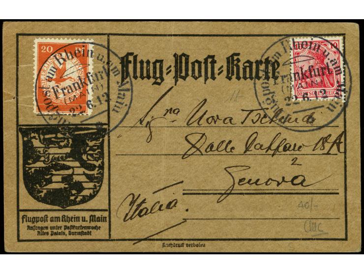 20 Pfg. und Germania je mit Flugstempel "Frankfurt 22.6." auf Sonderkarte mit viel Text nach Genua, Italien, kleine Beförderu