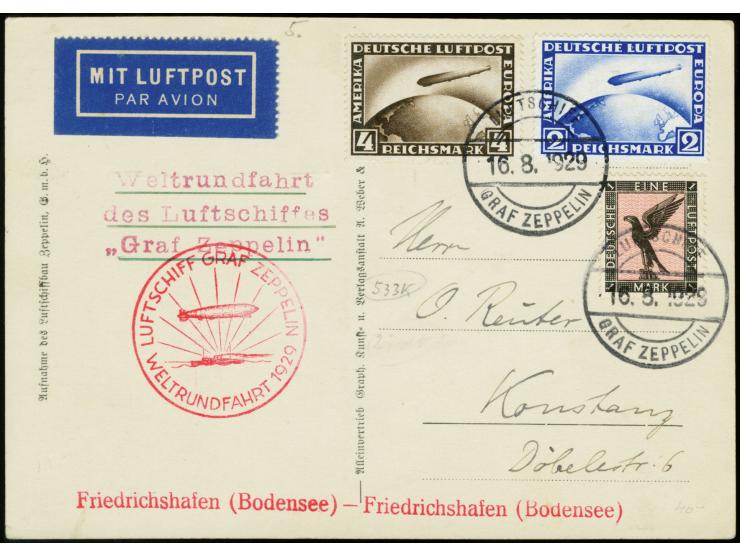 1929, Weltrundfahrt, Karte mit Bordpoststempel, Etappe Friedrichshafen-Friedrichshafen