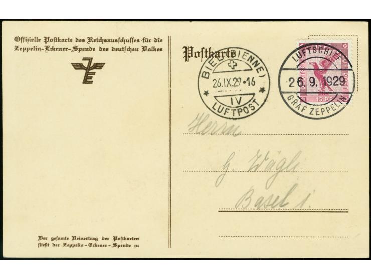1929, 1. Schweizfahrt mit Abwurf Biel, Karte mit Adler 15 Pfg. und vorderseitigem Stempel von "BIEL 26.IX.", ohne Bordstempel