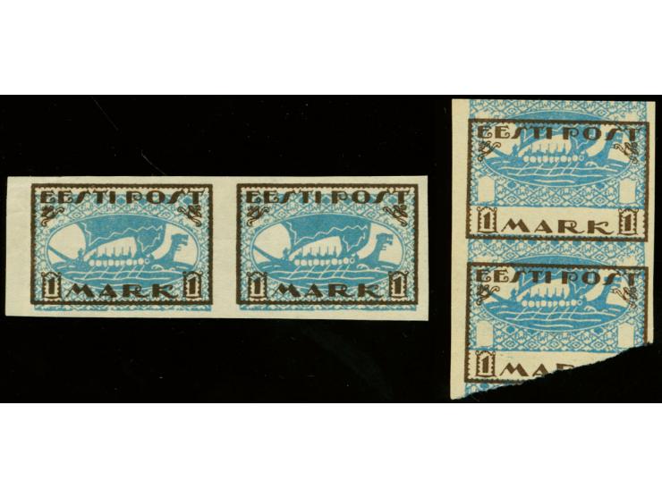 Viking ship 1m., horizontal pair with center shifted downwards 2mm, signed as proofs by Nemvalz and Eichenthal, trials to pos