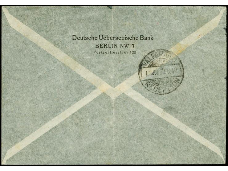 1933, 2. Südamerikafahrt, Brief mit Freistempel der Deutschen Überseeischen Bank nach Valparaiso/Chile, Umschlag senkrechte F