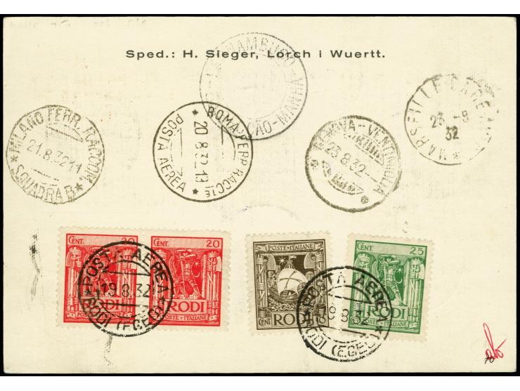 1932, 5. Südamerikafahrt, R-Karte mit Flupostmarken 1 L., 3 L. und 5 L. und rückseitger Zufrankatur von "RODI 19.8." via Frie