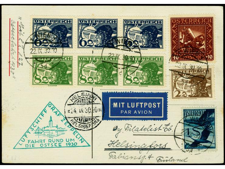 1930, Ostseefahrt, Abwurf Helsinki, Karte aus "WIEN 22.IX.30" nach Helsingfors, alle Stempel vorderseitig, Pracht