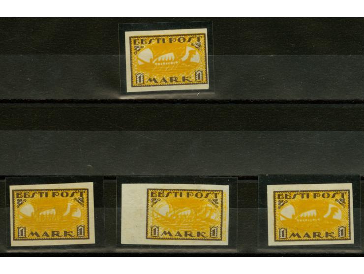 Viking ship 1m., interesting group of four proofs, yellow instead of blue Viking ship, one proof, correctly positioned colour